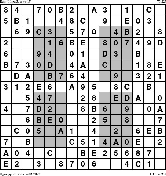 The grouppuzzles.com Easy HyperSudoku-15 puzzle for Friday August 8, 2025
