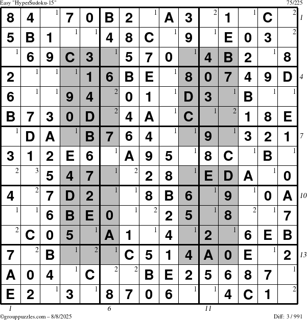The grouppuzzles.com Easy HyperSudoku-15 puzzle for Friday August 8, 2025 with all 3 steps marked