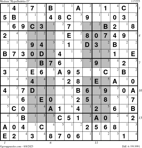 The grouppuzzles.com Medium HyperSudoku-15 puzzle for Friday August 8, 2025 with all 6 steps marked