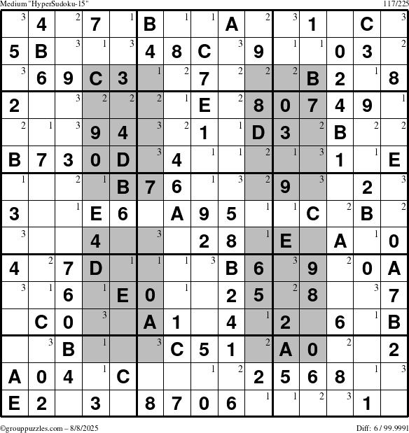 The grouppuzzles.com Medium HyperSudoku-15 puzzle for Friday August 8, 2025 with the first 3 steps marked