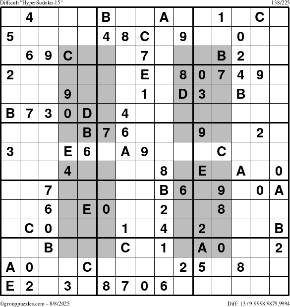 The grouppuzzles.com Difficult HyperSudoku-15 puzzle for Friday August 8, 2025