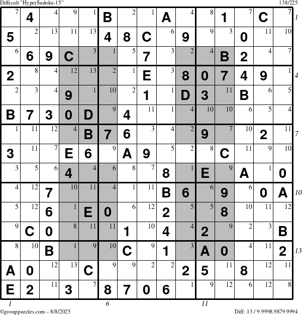 The grouppuzzles.com Difficult HyperSudoku-15 puzzle for Friday August 8, 2025 with all 13 steps marked