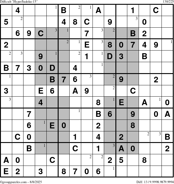 The grouppuzzles.com Difficult HyperSudoku-15 puzzle for Friday August 8, 2025 with the first 3 steps marked