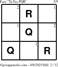 The grouppuzzles.com Easy TicTac-PQR puzzle for Friday August 8, 2025 with the first 2 steps marked