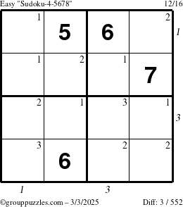 The grouppuzzles.com Easy Sudoku-4-5678 puzzle for Monday March 3, 2025, suitable for printing, with all 3 steps marked