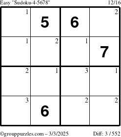 The grouppuzzles.com Easy Sudoku-4-5678 puzzle for Monday March 3, 2025 with the first 3 steps marked