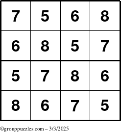 The grouppuzzles.com Answer grid for the Sudoku-4-5678 puzzle for Monday March 3, 2025