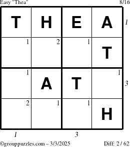 The grouppuzzles.com Easy Thea puzzle for Monday March 3, 2025, suitable for printing, with all 2 steps marked