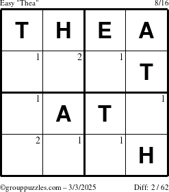 The grouppuzzles.com Easy Thea puzzle for Monday March 3, 2025 with the first 2 steps marked