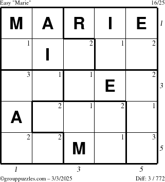 The grouppuzzles.com Easy Marie puzzle for Monday March 3, 2025 with all 3 steps marked