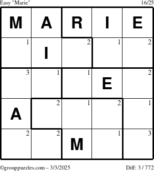 The grouppuzzles.com Easy Marie puzzle for Monday March 3, 2025 with the first 3 steps marked