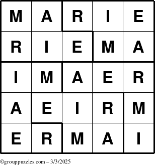 The grouppuzzles.com Answer grid for the Marie puzzle for Monday March 3, 2025