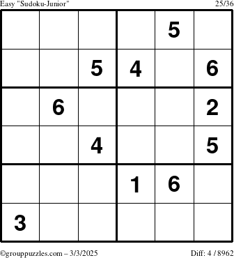 The grouppuzzles.com Easy Sudoku-Junior puzzle for Monday March 3, 2025