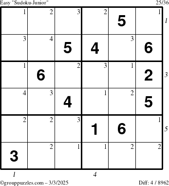 The grouppuzzles.com Easy Sudoku-Junior puzzle for Monday March 3, 2025 with all 4 steps marked