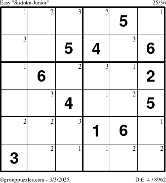 The grouppuzzles.com Easy Sudoku-Junior puzzle for Monday March 3, 2025 with the first 3 steps marked