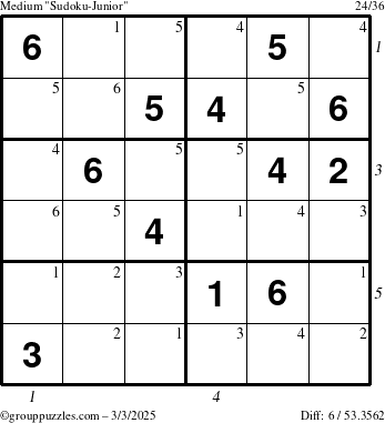 The grouppuzzles.com Medium Sudoku-Junior puzzle for Monday March 3, 2025, suitable for printing, with all 6 steps marked