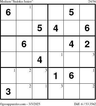 The grouppuzzles.com Medium Sudoku-Junior puzzle for Monday March 3, 2025 with the first 3 steps marked