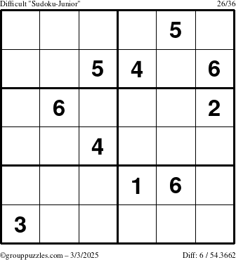 The grouppuzzles.com Difficult Sudoku-Junior puzzle for Monday March 3, 2025