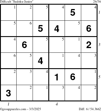 The grouppuzzles.com Difficult Sudoku-Junior puzzle for Monday March 3, 2025 with all 6 steps marked