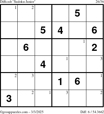 The grouppuzzles.com Difficult Sudoku-Junior puzzle for Monday March 3, 2025 with the first 3 steps marked