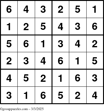 The grouppuzzles.com Answer grid for the Sudoku-Junior puzzle for Monday March 3, 2025