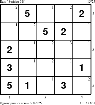 The grouppuzzles.com Easy Sudoku-5B puzzle for Monday March 3, 2025 with all 3 steps marked