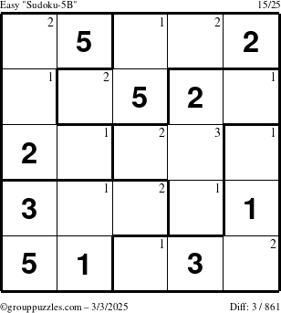 The grouppuzzles.com Easy Sudoku-5B puzzle for Monday March 3, 2025 with the first 3 steps marked