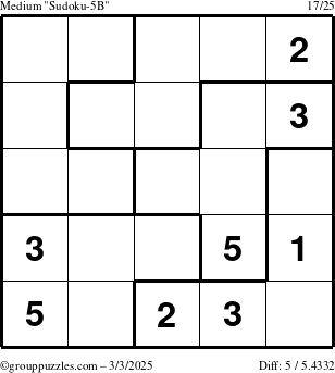 The grouppuzzles.com Medium Sudoku-5B puzzle for Monday March 3, 2025