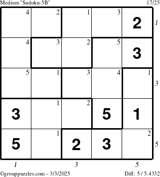 The grouppuzzles.com Medium Sudoku-5B puzzle for Monday March 3, 2025, suitable for printing, with all 5 steps marked