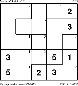 The grouppuzzles.com Medium Sudoku-5B puzzle for Monday March 3, 2025 with the first 3 steps marked