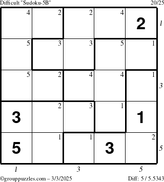 The grouppuzzles.com Difficult Sudoku-5B puzzle for Monday March 3, 2025 with all 5 steps marked