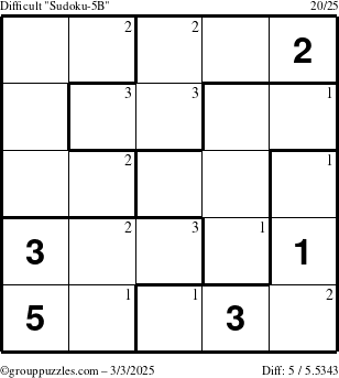 The grouppuzzles.com Difficult Sudoku-5B puzzle for Monday March 3, 2025 with the first 3 steps marked