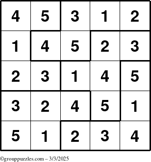 The grouppuzzles.com Answer grid for the Sudoku-5B puzzle for Monday March 3, 2025