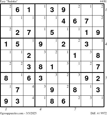 The grouppuzzles.com Easy Sudoku puzzle for Monday March 3, 2025 with all 4 steps marked