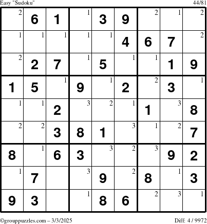 The grouppuzzles.com Easy Sudoku puzzle for Monday March 3, 2025 with the first 3 steps marked