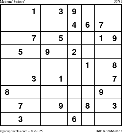 The grouppuzzles.com Medium Sudoku puzzle for Monday March 3, 2025