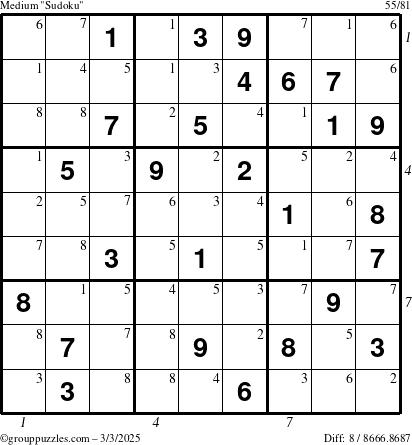 The grouppuzzles.com Medium Sudoku puzzle for Monday March 3, 2025, suitable for printing, with all 8 steps marked