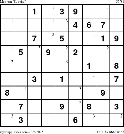 The grouppuzzles.com Medium Sudoku puzzle for Monday March 3, 2025 with the first 3 steps marked