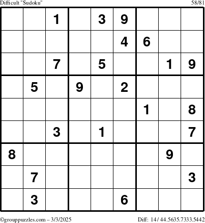 The grouppuzzles.com Difficult Sudoku puzzle for Monday March 3, 2025