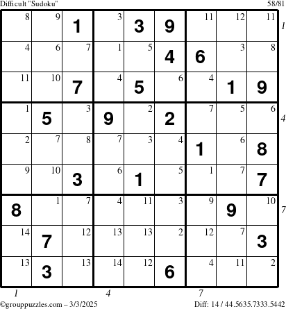 The grouppuzzles.com Difficult Sudoku puzzle for Monday March 3, 2025 with all 14 steps marked