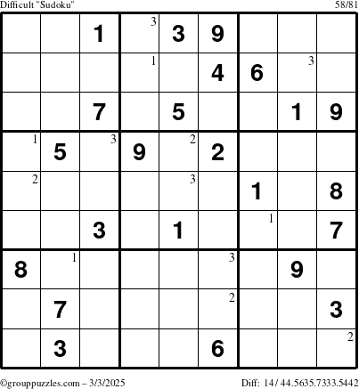 The grouppuzzles.com Difficult Sudoku puzzle for Monday March 3, 2025 with the first 3 steps marked