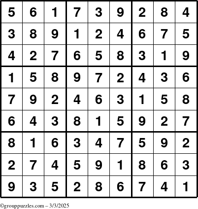 The grouppuzzles.com Answer grid for the Sudoku puzzle for Monday March 3, 2025