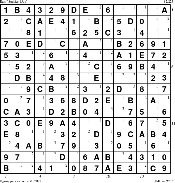 The grouppuzzles.com Easy Sudoku-15up puzzle for Monday March 3, 2025 with all 4 steps marked