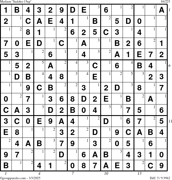 The grouppuzzles.com Medium Sudoku-15up puzzle for Monday March 3, 2025 with all 5 steps marked