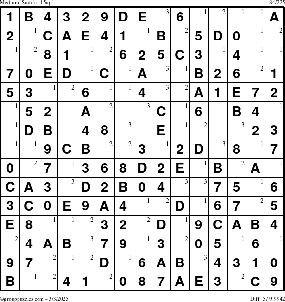 The grouppuzzles.com Medium Sudoku-15up puzzle for Monday March 3, 2025 with the first 3 steps marked