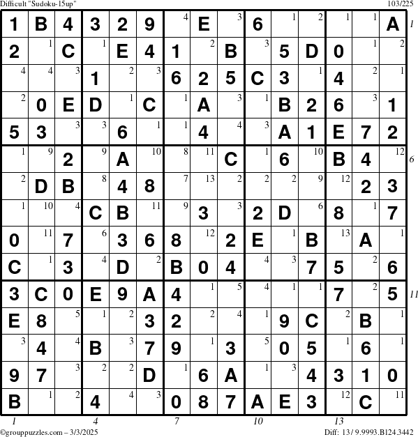 The grouppuzzles.com Difficult Sudoku-15up puzzle for Monday March 3, 2025 with all 13 steps marked