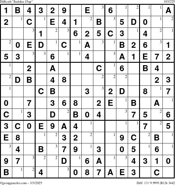 The grouppuzzles.com Difficult Sudoku-15up puzzle for Monday March 3, 2025 with the first 3 steps marked