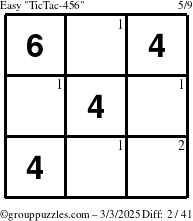 The grouppuzzles.com Easy TicTac-456 puzzle for Monday March 3, 2025 with the first 2 steps marked