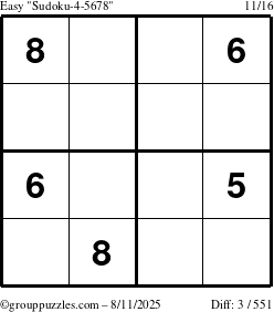 The grouppuzzles.com Easy Sudoku-4-5678 puzzle for Monday August 11, 2025