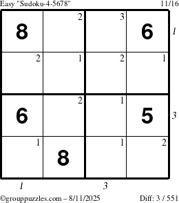 The grouppuzzles.com Easy Sudoku-4-5678 puzzle for Monday August 11, 2025 with all 3 steps marked
